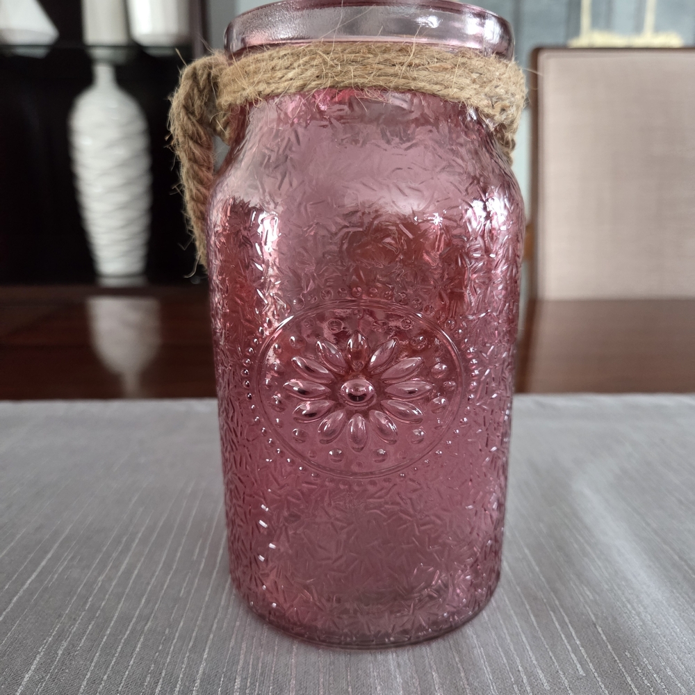 Pink Textured Glass Jar with Rope Handle